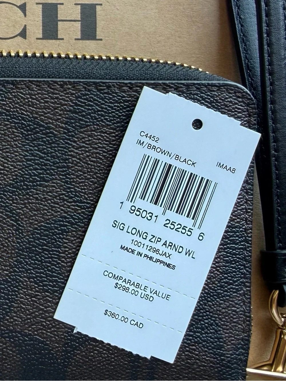 Coach Brown and Black Signature Zip Wallet with Gold Logo